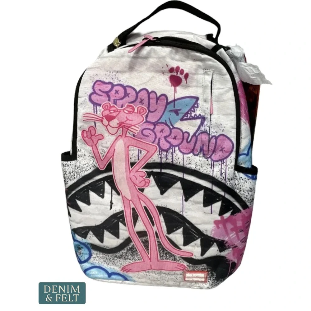 NEW Sprayground Pink Panther Heist Mural Shark Backpack Pink White Black Unisex